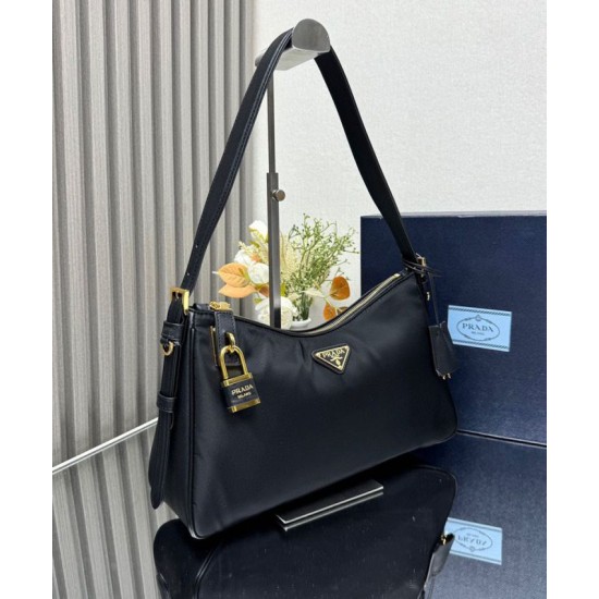 Replica Prada Aimee Large Re-Nylon Shoulder Bag With Padlock 1BC232 Black Fake Replica Prada Aimee Large Re-Nylon Shoulder Bag With Padlock 1BC232 Black Fake