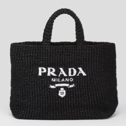 Replica Prada Large Crochet Tote Bag Raffia-effect Yarn Black Fake