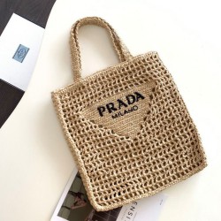 Replica Prada Small Tote Bag Woven Raffia Beige Fake