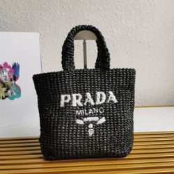 Replica Prada Small Crochet Tote Bag Raffia-effect Yarn Black Fake