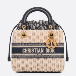 Replica Dior Medium Lady Dior Bag Wicker and Oblique Jacquard Blue Fake