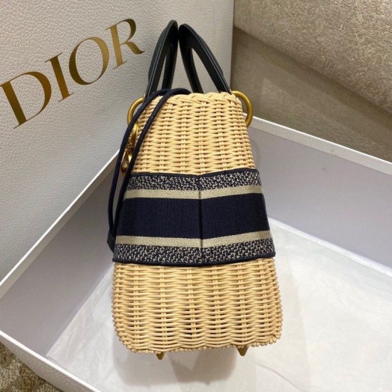 Replica Dior Medium Lady Dior Bag Wicker and Oblique Jacquard Blue Fake Replica Dior Medium Lady Dior Bag Wicker and Oblique Jacquard Blue Fake