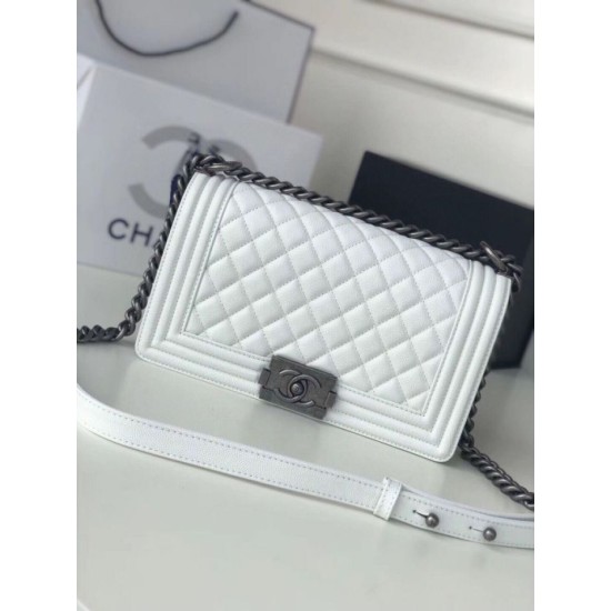 Replica Chanel Boy Flap Bag Classic A67086 Grained Calfskin Gold/Silver Hardware White