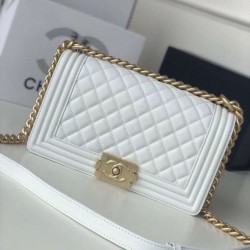 Replica Chanel Boy Flap Bag Classic A67086 Grained Calfskin Gold/Silver Hardware White