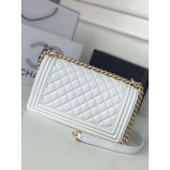 Replica Chanel Boy Flap Bag Classic A67086 Grained Calfskin Gold/Silver Hardware White