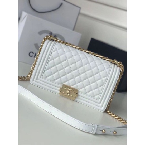 Replica Chanel Boy Flap Bag Classic A67086 Grained Calfskin Gold/Silver Hardware White