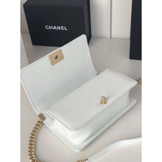Replica Chanel Boy Flap Bag Classic A67086 Grained Calfskin Gold/Silver Hardware White