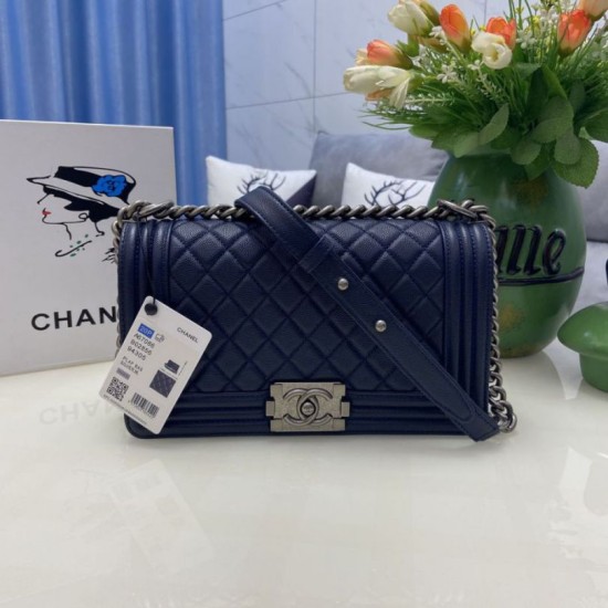 Replica Chanel Boy Flap Bag Classic A67086 Grained Calfskin Gold/Silver Hardware Blue Clone