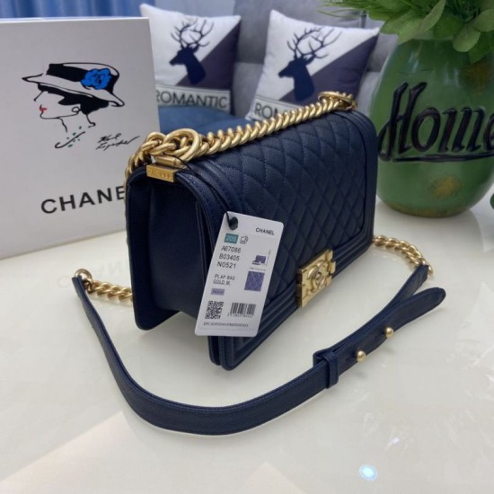 Replica Chanel Boy Flap Bag Classic A67086 Grained Calfskin Gold/Silver Hardware Blue Clone