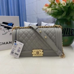 Replica Chanel Boy Flap Bag A67086 Grained Calfskin Gold Hardware Gray Clone