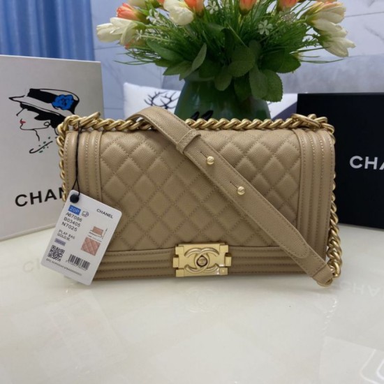 Replica Chanel Boy Flap Bag Classic A67086 Grained Calfskin Gold/Silver Hardware Apricot Clone