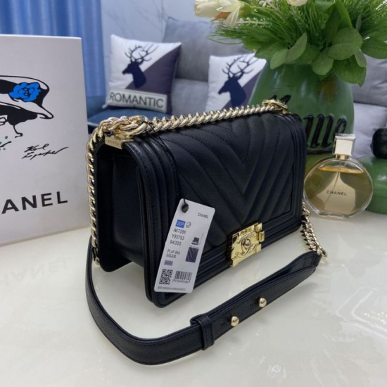 Replica Chanel Boy Flap Chevron Bag  A67086 Grained Calfskin Gold Hardware Black Clone