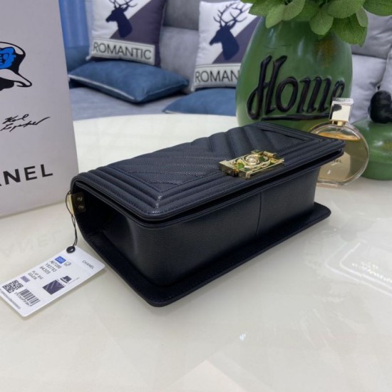 Replica Chanel Boy Flap Chevron Bag  A67086 Grained Calfskin Gold Hardware Black Clone