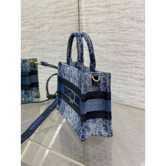 Fake Dior Mini Book Tote with Strap Blue Denim Oblique Jacquard Replica Fake Dior Mini Book Tote with Strap Blue Denim Oblique Jacquard Replica