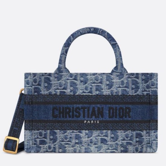 Fake Dior Mini Book Tote with Strap Blue Denim Oblique Jacquard Replica Fake Dior Mini Book Tote with Strap Blue Denim Oblique Jacquard Replica