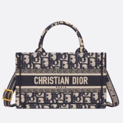 Fake Dior Mini Book Tote with Strap Blue Dior Oblique Embroidery Replica