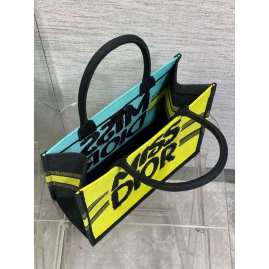 Fake Dior Medium Book Tote Bag Yellow and Blue Miss Dior Graffiti Embroidery Replica Replica Dior Medium Book Tote Bag Yellow and Blue Miss Dior Graffiti Embroidery