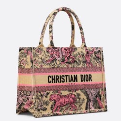 Fake Dior Medium Dioriviera Book Tote Raffia with Pink Toile de Jouy Sauvage Embroidery Replica