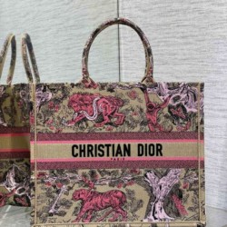 Replica Dior Large Dioriviera Book Tote Raffia with Pink Toile de Jouy Sauvage Embroidery