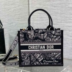 Replica Dior Small Book Tote Bag with Strap Plan de Paris Embroidery and Black Calfskin
