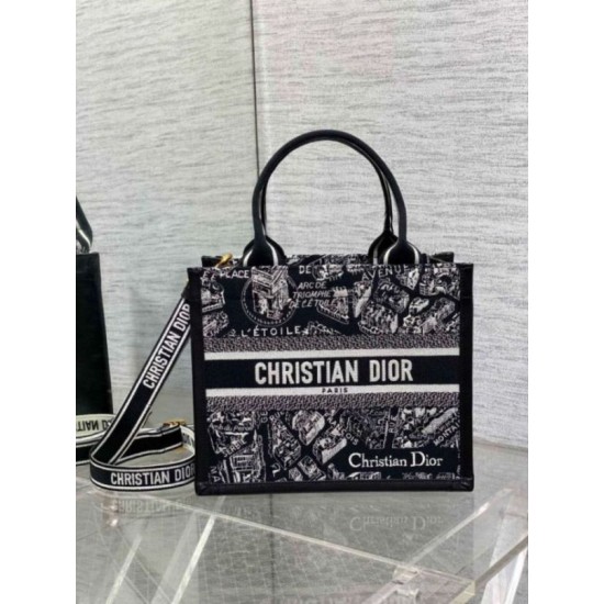 Replica Dior Small Book Tote Bag with Strap Plan de Paris Embroidery and Black Calfskin Replica Dior Small Book Tote Bag with Strap Plan de Paris Embroidery and Black Calfskin