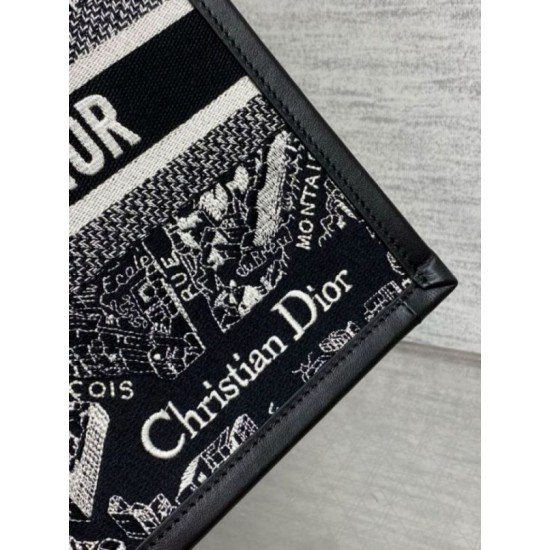 Replica Dior Small Book Tote Bag with Strap Plan de Paris Embroidery and Black Calfskin Replica Dior Small Book Tote Bag with Strap Plan de Paris Embroidery and Black Calfskin