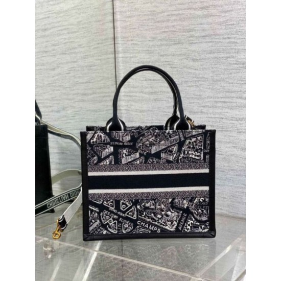 Replica Dior Small Book Tote Bag with Strap Plan de Paris Embroidery and Black Calfskin Replica Dior Small Book Tote Bag with Strap Plan de Paris Embroidery and Black Calfskin