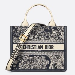 Fake Dior Small Book Tote Bag with Strap Toile de Jouy Reverse Embroidery and Blue Calfskin Replica