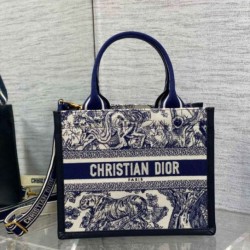 Fake Dior Small Book Tote Bag with Strap Toile de Jouy Sauvage Embroidery with Blue Calfskin Replica