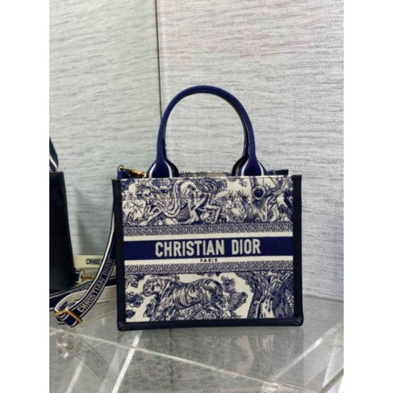 Replica Dior Small Book Tote Bag with Strap Toile de Jouy Sauvage Embroidery with Blue Calfskin Fake Dior Small Book Tote Bag with Strap Toile de Jouy Sauvage Embroidery with Blue Calfskin Replica