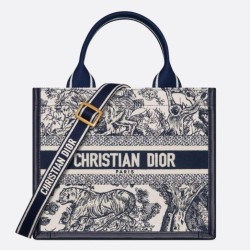 Fake Dior Small Book Tote Bag with Strap Toile de Jouy Sauvage Embroidery with Blue Calfskin Replica