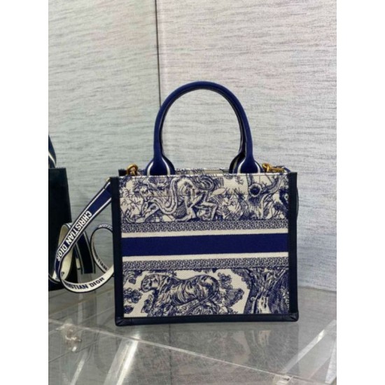 Replica Dior Small Book Tote Bag with Strap Toile de Jouy Sauvage Embroidery with Blue Calfskin Fake Dior Small Book Tote Bag with Strap Toile de Jouy Sauvage Embroidery with Blue Calfskin Replica