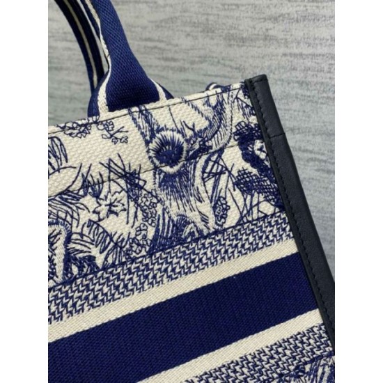 Replica Dior Small Book Tote Bag with Strap Toile de Jouy Sauvage Embroidery with Blue Calfskin Fake Dior Small Book Tote Bag with Strap Toile de Jouy Sauvage Embroidery with Blue Calfskin Replica