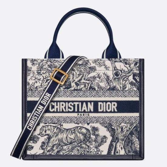 Replica Dior Small Book Tote Bag with Strap Toile de Jouy Sauvage Embroidery with Blue Calfskin Fake Dior Small Book Tote Bag with Strap Toile de Jouy Sauvage Embroidery with Blue Calfskin Replica