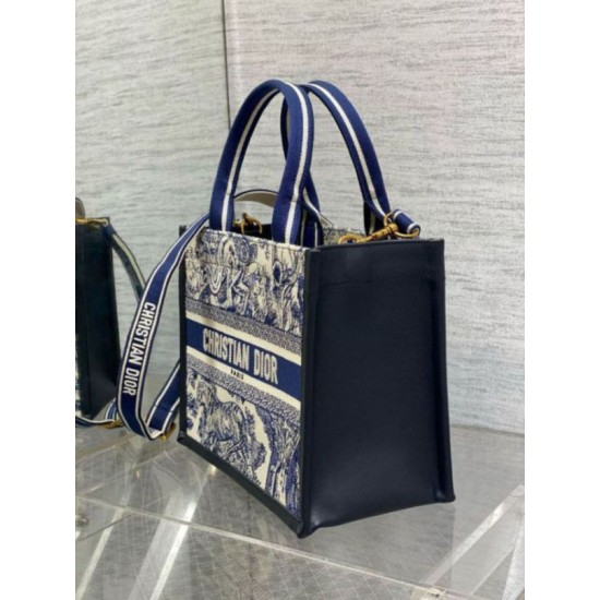 Replica Dior Small Book Tote Bag with Strap Toile de Jouy Sauvage Embroidery with Blue Calfskin Fake Dior Small Book Tote Bag with Strap Toile de Jouy Sauvage Embroidery with Blue Calfskin Replica