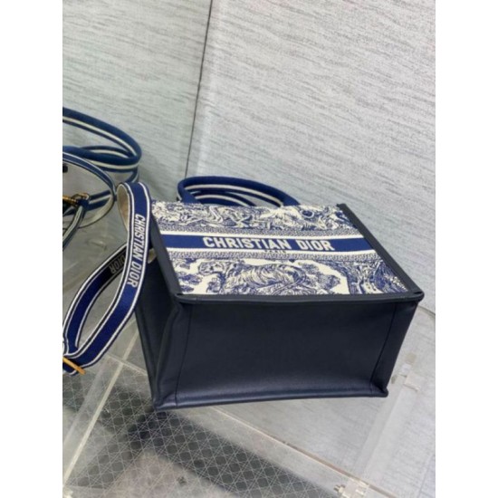 Replica Dior Small Book Tote Bag with Strap Toile de Jouy Sauvage Embroidery with Blue Calfskin Fake Dior Small Book Tote Bag with Strap Toile de Jouy Sauvage Embroidery with Blue Calfskin Replica