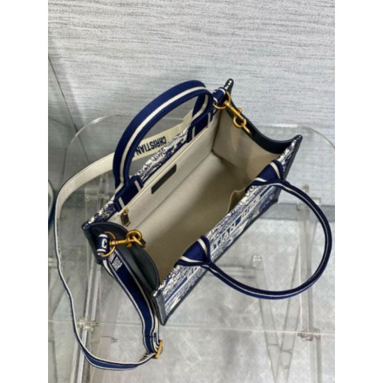 Replica Dior Small Book Tote Bag with Strap Toile de Jouy Sauvage Embroidery with Blue Calfskin Fake Dior Small Book Tote Bag with Strap Toile de Jouy Sauvage Embroidery with Blue Calfskin Replica