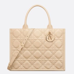 Fake Dior Medium Book Tote Bag with Strap Beige Macrocannage Calfskin Replica
