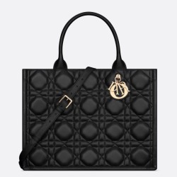 Fake Dior Medium Book Tote Bag with Strap Black Macrocannage Calfskin Replica