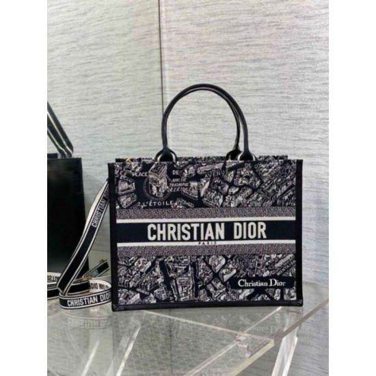 Replica Dior Medium Book Tote Bag with Strap Plan de Paris Embroidery and Black Calfskin Replica Dior Medium Book Tote Bag with Strap Plan de Paris Embroidery and Black Calfskin