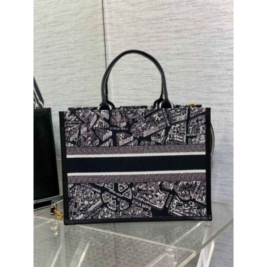 Replica Dior Medium Book Tote Bag with Strap Plan de Paris Embroidery and Black Calfskin Replica Dior Medium Book Tote Bag with Strap Plan de Paris Embroidery and Black Calfskin
