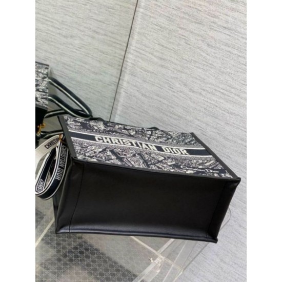 Replica Dior Medium Book Tote Bag with Strap Plan de Paris Embroidery and Black Calfskin Replica Dior Medium Book Tote Bag with Strap Plan de Paris Embroidery and Black Calfskin