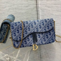Replica Dior Saddle Chain Pouch Blue Denim Oblique Jacquard