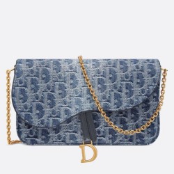 Replica Dior Saddle Chain Pouch Blue Denim Oblique Jacquard