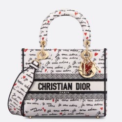 Replica Dior Lady D-Lite Medium Bag White and Red Je Vous Adore Motif
