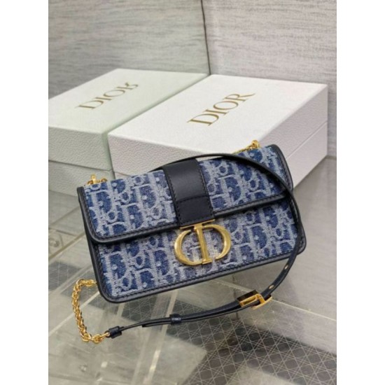 Replica Dior 30 Montaigne East-West Bag with Chain Blue Denim Oblique Jacquard