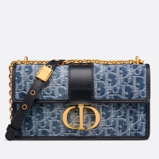 Replica Dior 30 Montaigne East-West Bag with Chain Blue Denim Oblique Jacquard