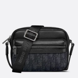 Replica Dior Mini Rider 2.0 Zipped Messenger Bag Black Oblique with Black Leather