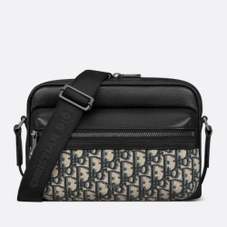 Replica Dior Rider 2.0 Zipped Messenger Bag Beige Oblique with Black Leather