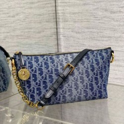 Replica Dior Diorstar Hobo Bag with Chain Blue Denim Oblique Jacquard